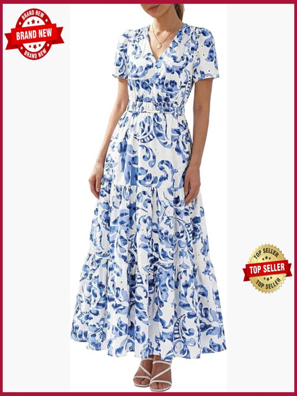 V Neck Hollow Out Eyelet A Line Flowy Boho Beach Vacation Wedding Guest Maxi